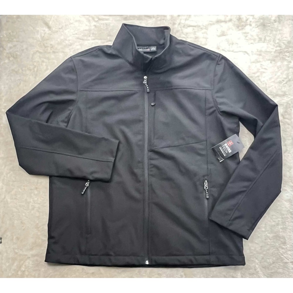 NWT New Swiss Tech Mens Softshell Jacket Black Full Zip Performance Gear L 42-44